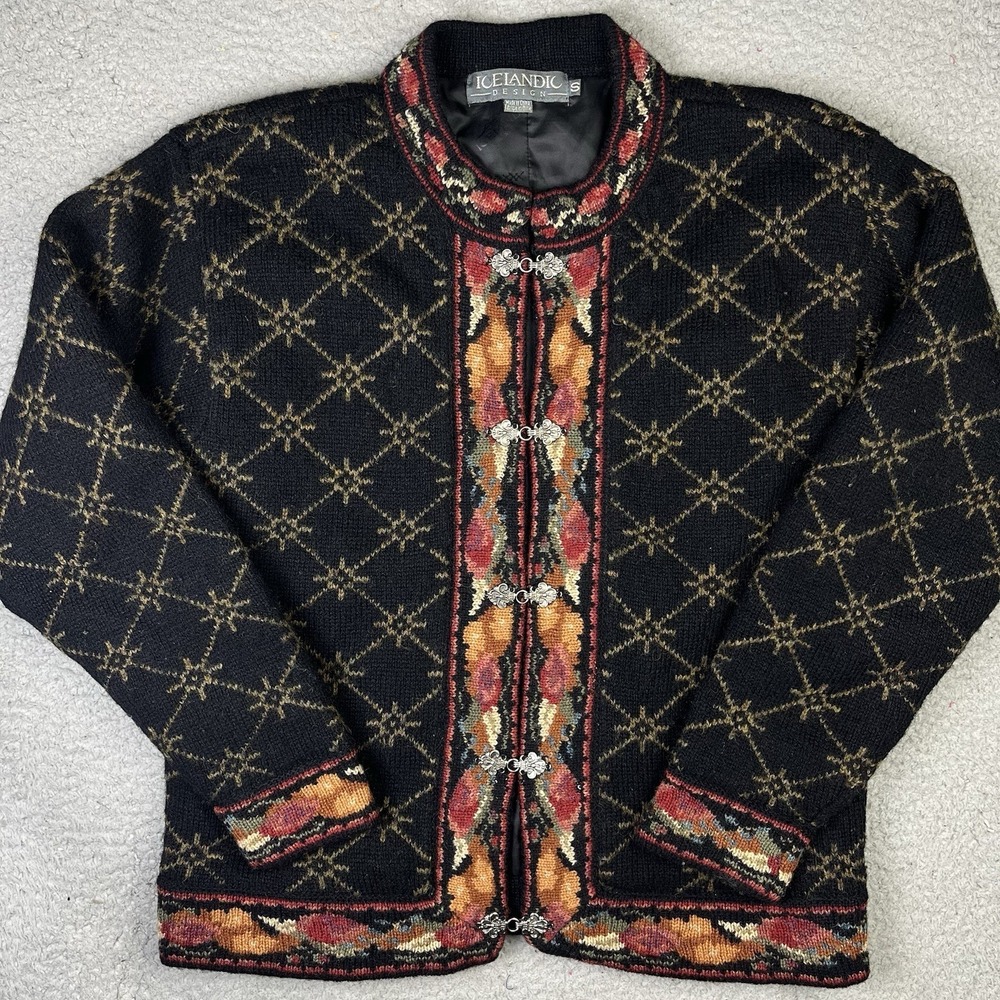 Icelandic Design Wool Fair Isle Sweater Cardigan Lined Jacket Small Toggle Close